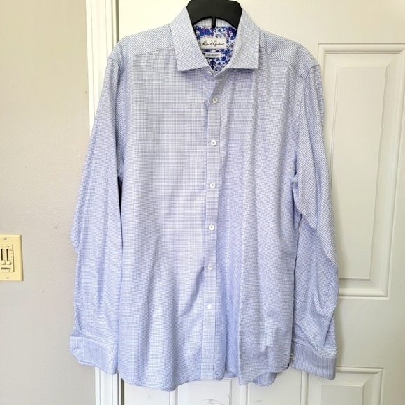 Robert Graham Blue White Checked Button Down Flip Cuff Tailored Fit Size 44 17.5 - Picture 1 of 12